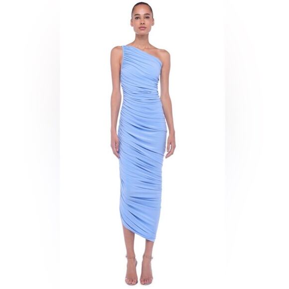 Norma Kamali Diana Dress Draped Goddess One Shoulder Ruched Blue Gown Size Small - Picture 1 of 11